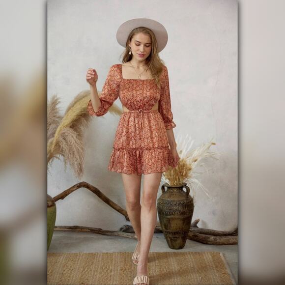 A209 • Margeaux Rust Metallic Printed Mini Dress - Picture 4 of 6